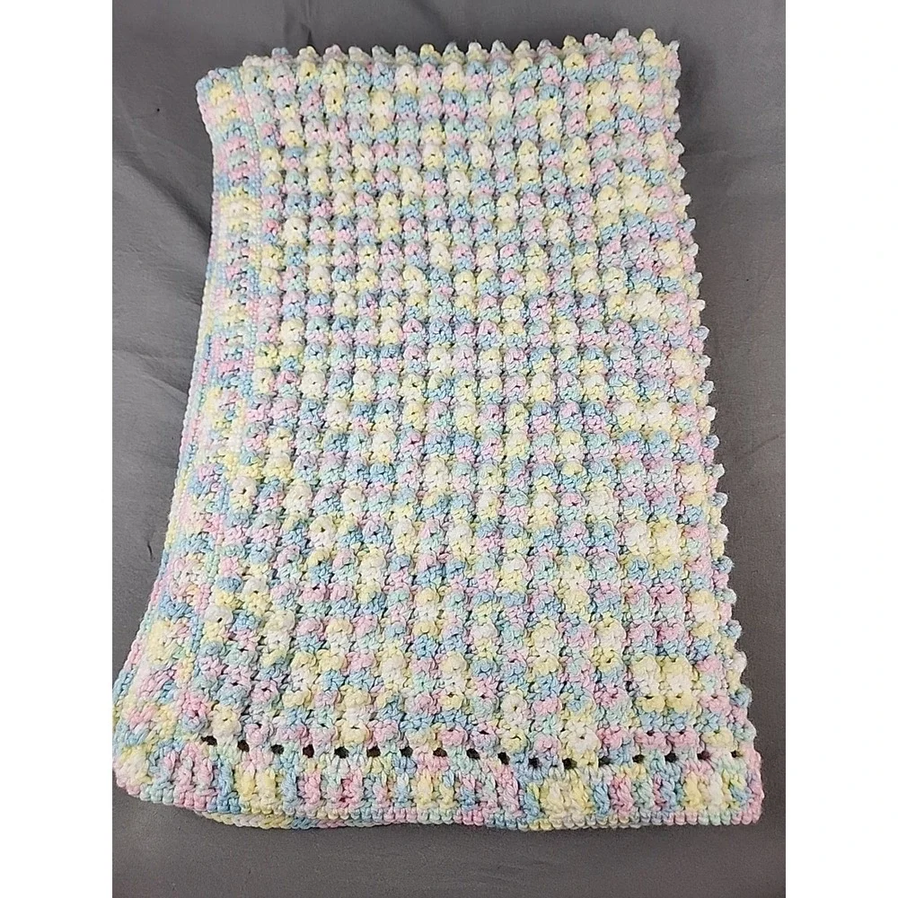Vintage Handmade‎ Bobble Stitch Crochet Pastel Crib Blanket